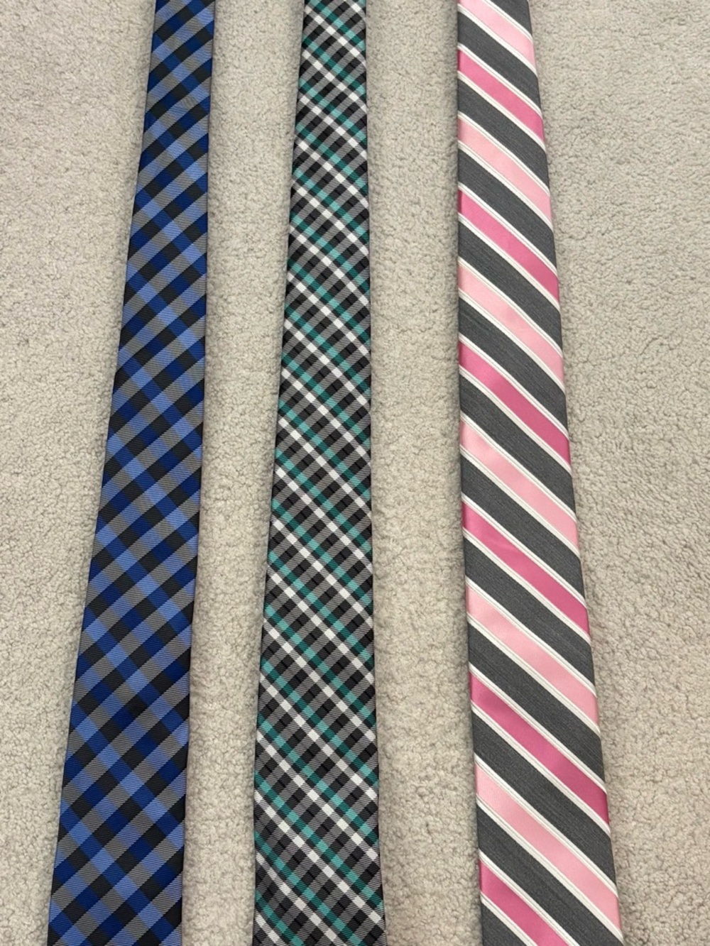 JF J. Ferrar Three-Piece Tie Set — Blue, Teal Plaid & Pink Striped